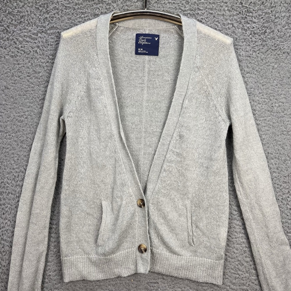 American Eagle Sweater Cardigan Medium 2-Button Wool Mohair Blend Gray Basic